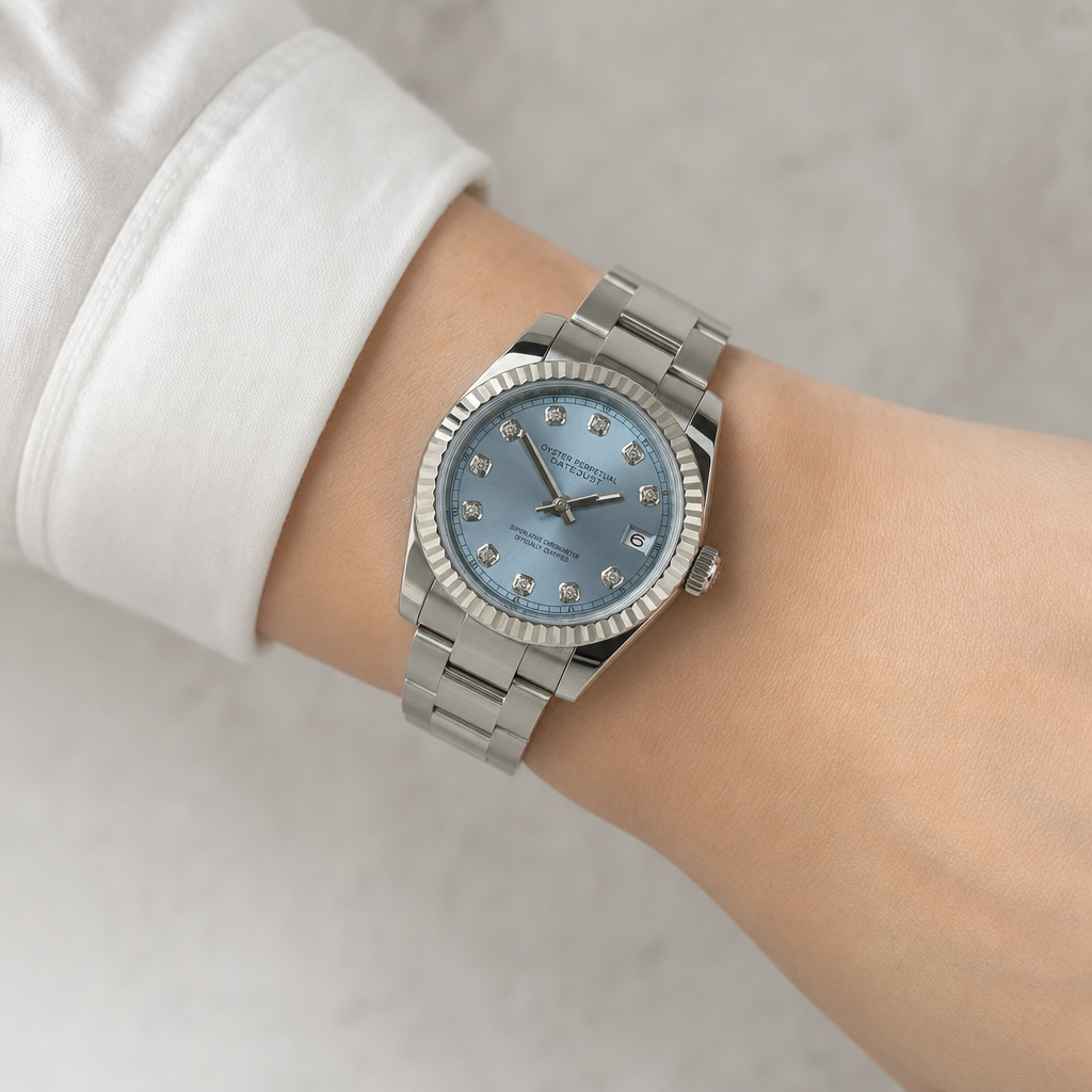 Montre Seiko mod SEIKOJUST blue diamond portée au poignet — Time2Seiko