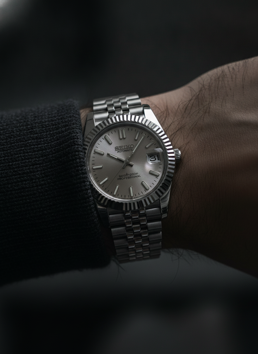 Montre Seiko Mod SEIKOJUST champagne portée au poignet