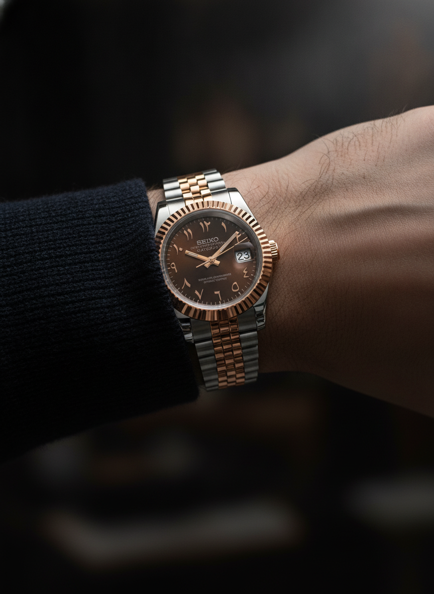 Montre Seiko Mod SEIKOJUST chocolat or rose arabic portée au poignet
