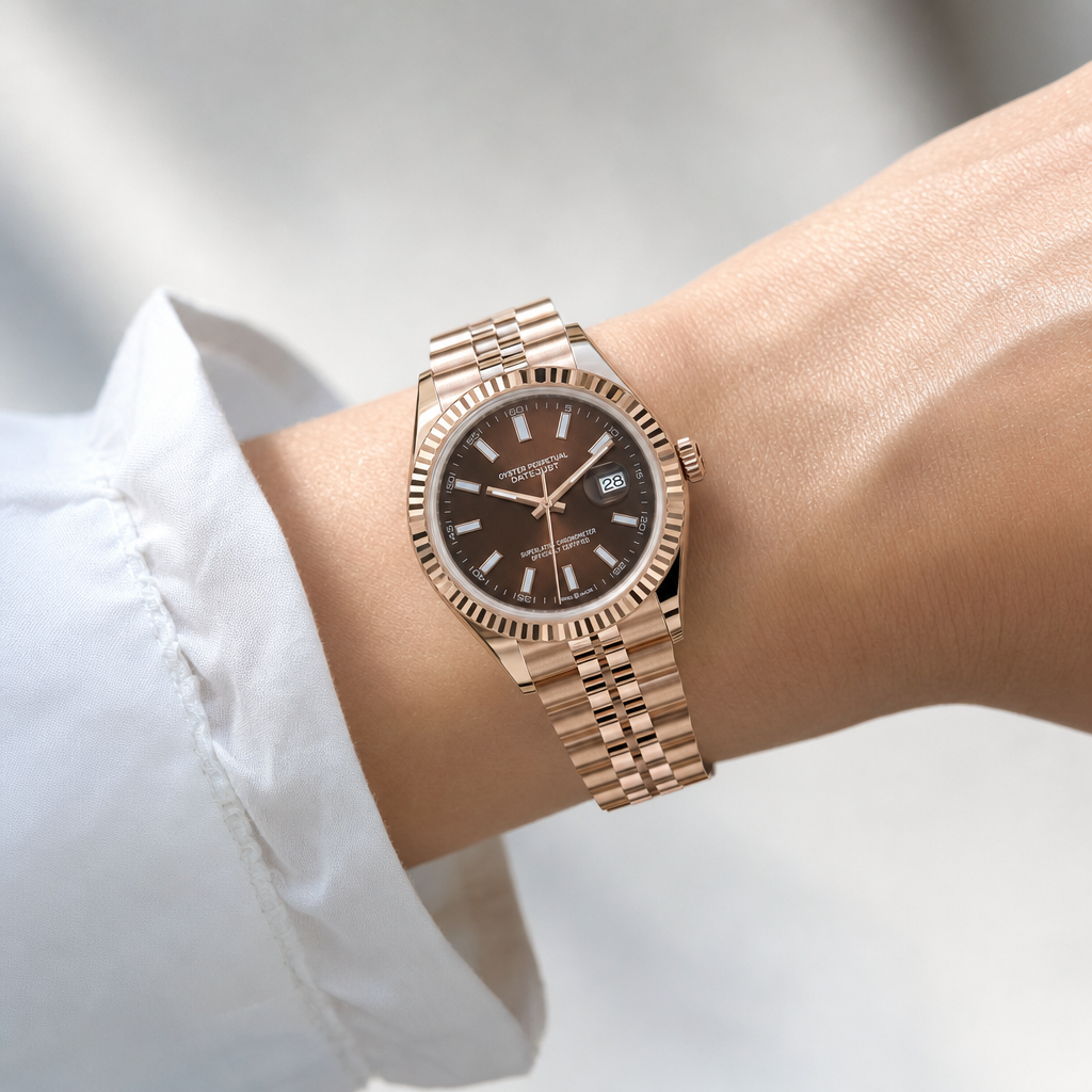 Montre Seiko mod SEIKOJUST femme or rose marron portée au poignet — Time2Seiko