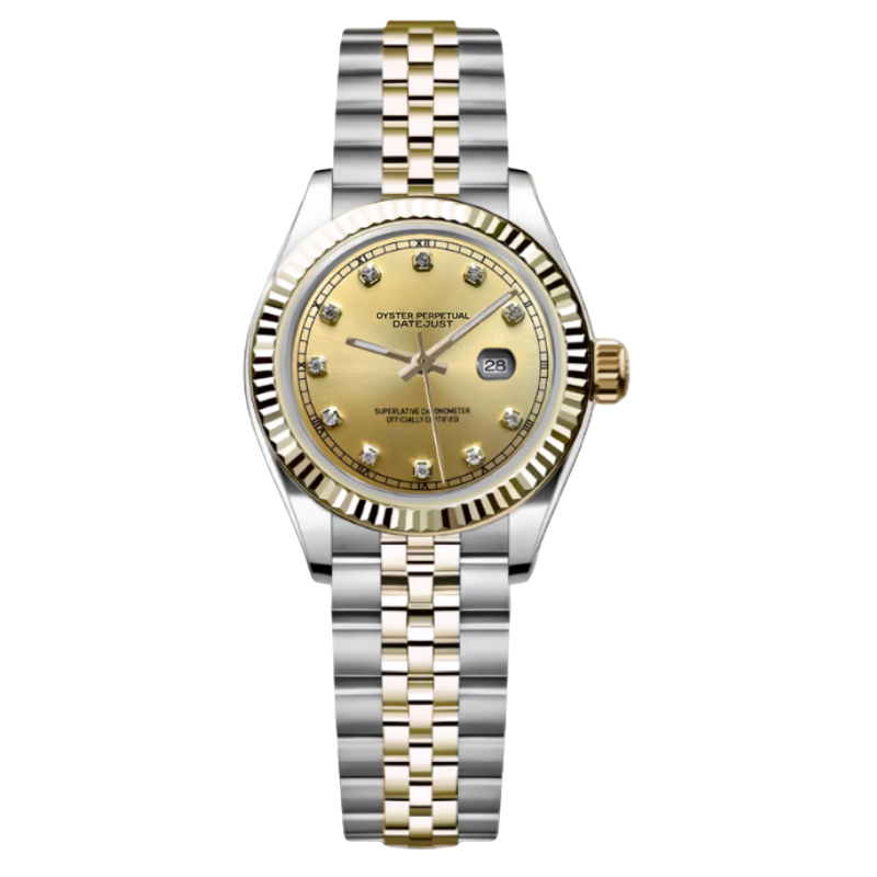 Montre Seiko mod SEIKOJUST femme argent / doré diamants, sur fond blanc — Time2Seiko