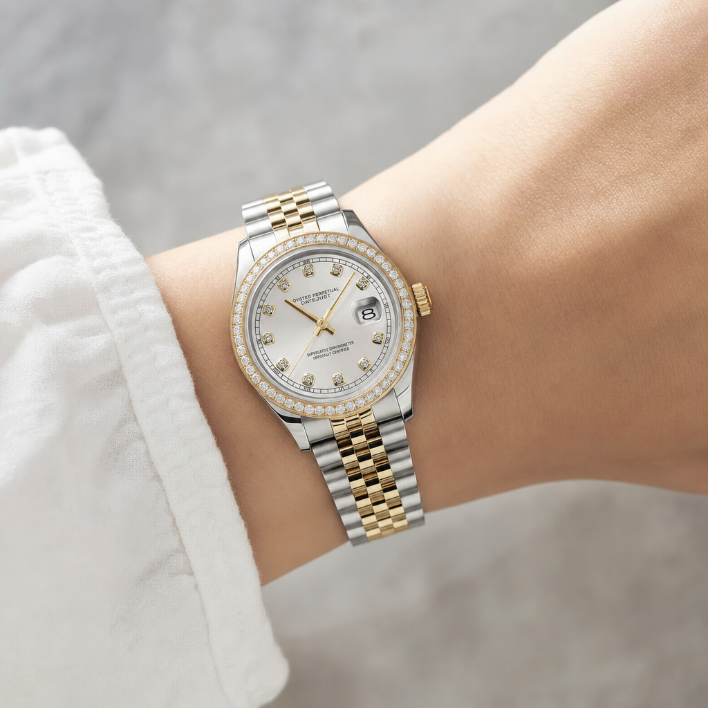 Montre Seiko mod SEIKOJUST femme argent / or diamants portée au poignet — Time2Seiko