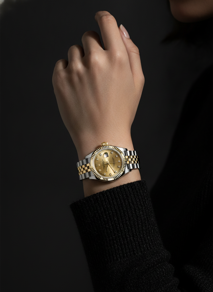 Montre Seiko Mod SEIKOJUST femme two-tone or diamants portée au poignet