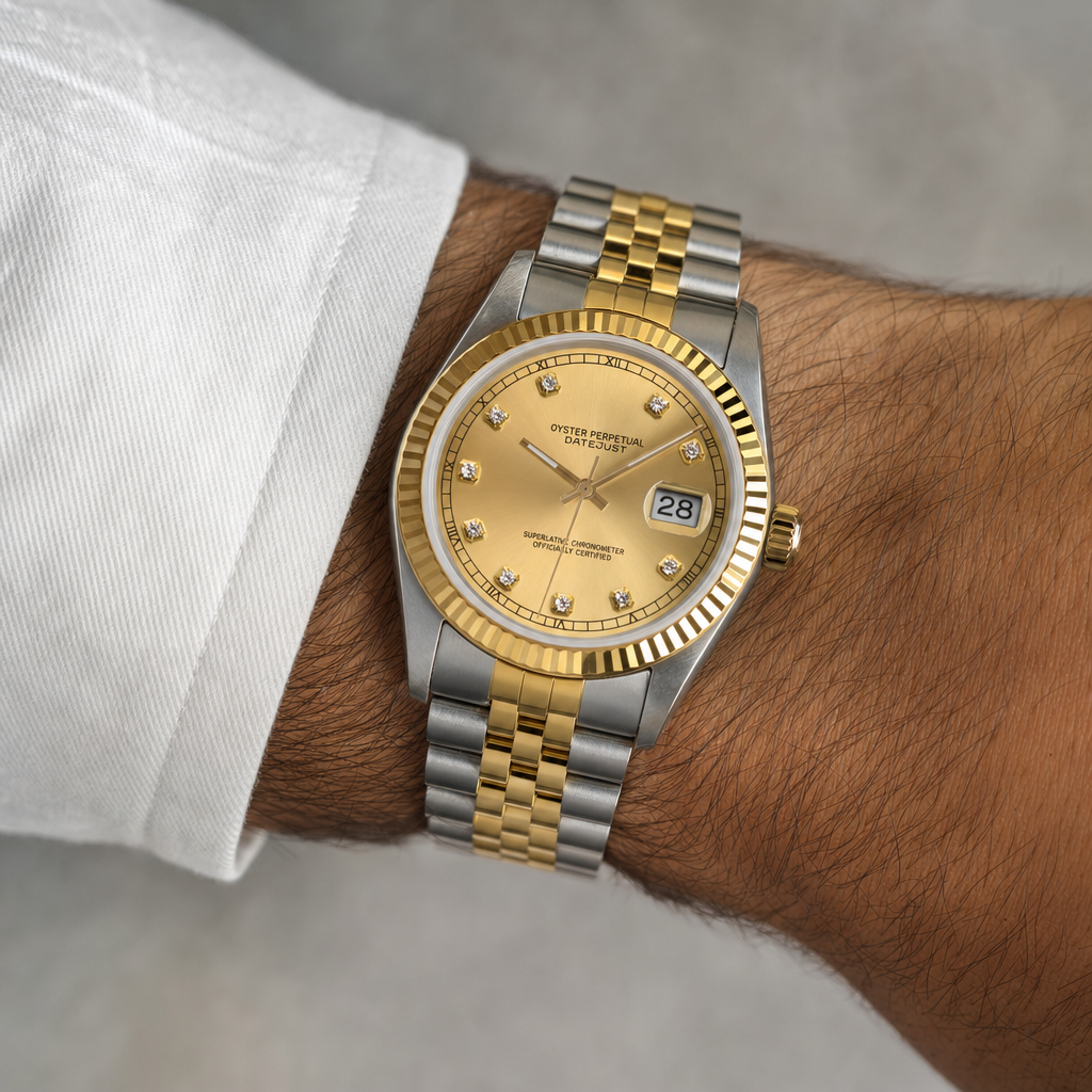 Montre Seiko mod SEIKOJUST femme argent / doré diamants portée au poignet — Time2Seiko