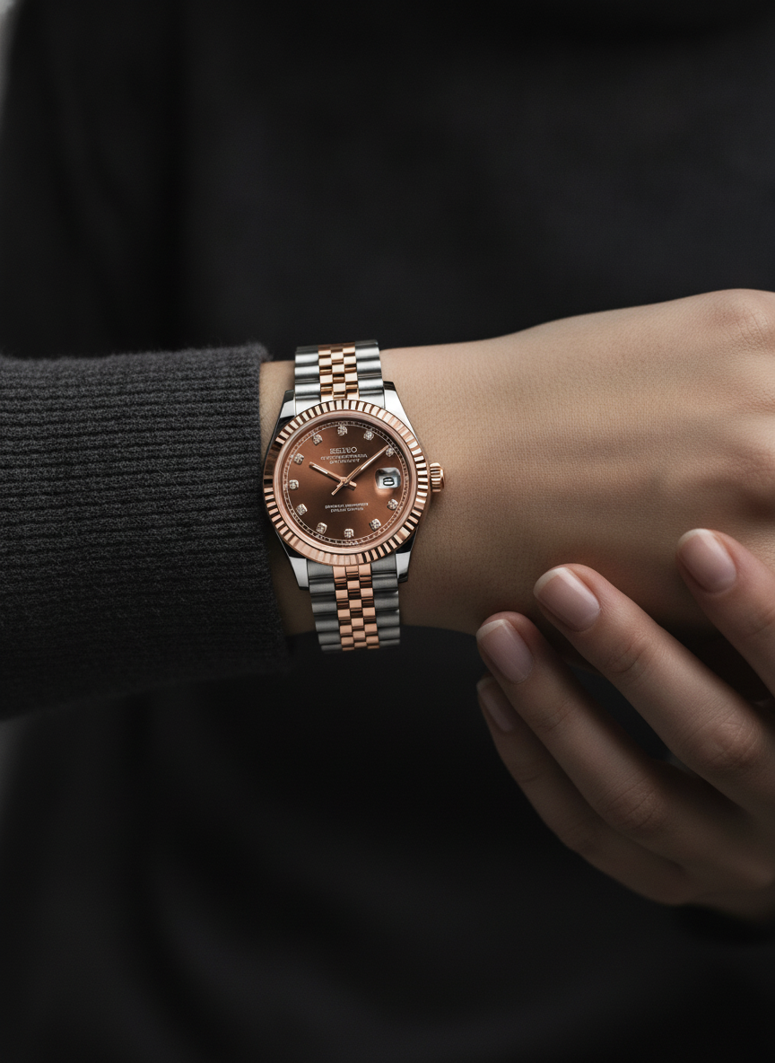 Montre Seiko Mod SEIKOJUST femme two-tone or rose diamants portée au poignet