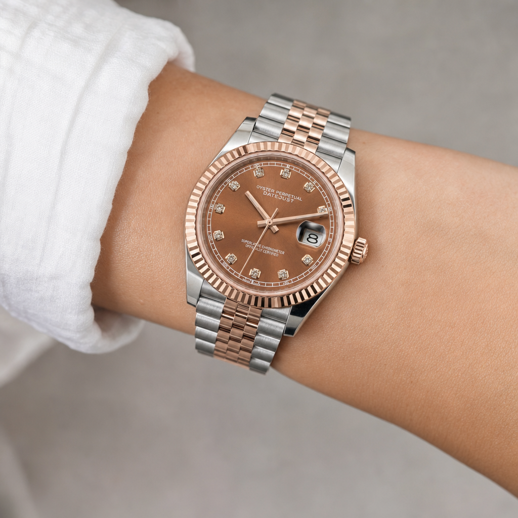 Montre Seiko mod SEIKOJUST femme argent / or rose diamants portée au poignet — Time2Seiko