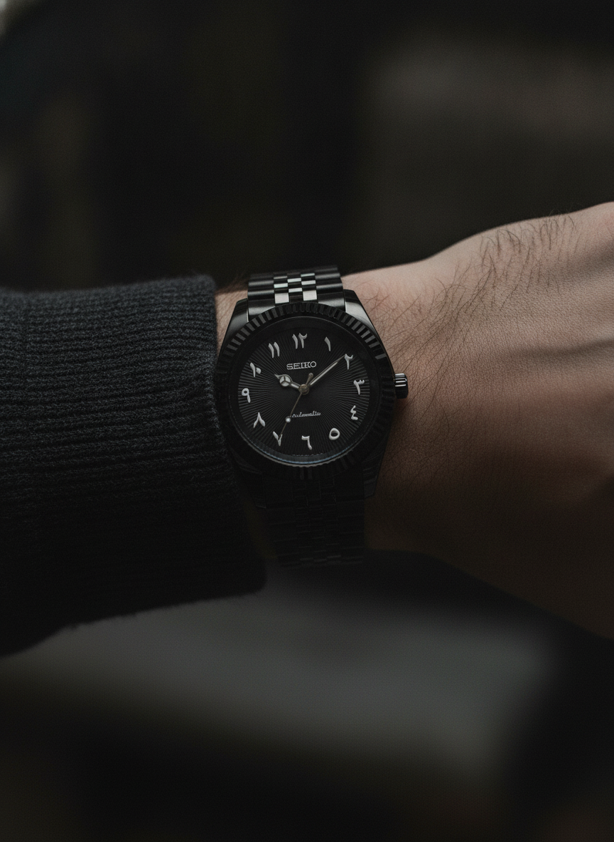 Montre Seiko Mod SEIKOJUST full black arabic portée au poignet