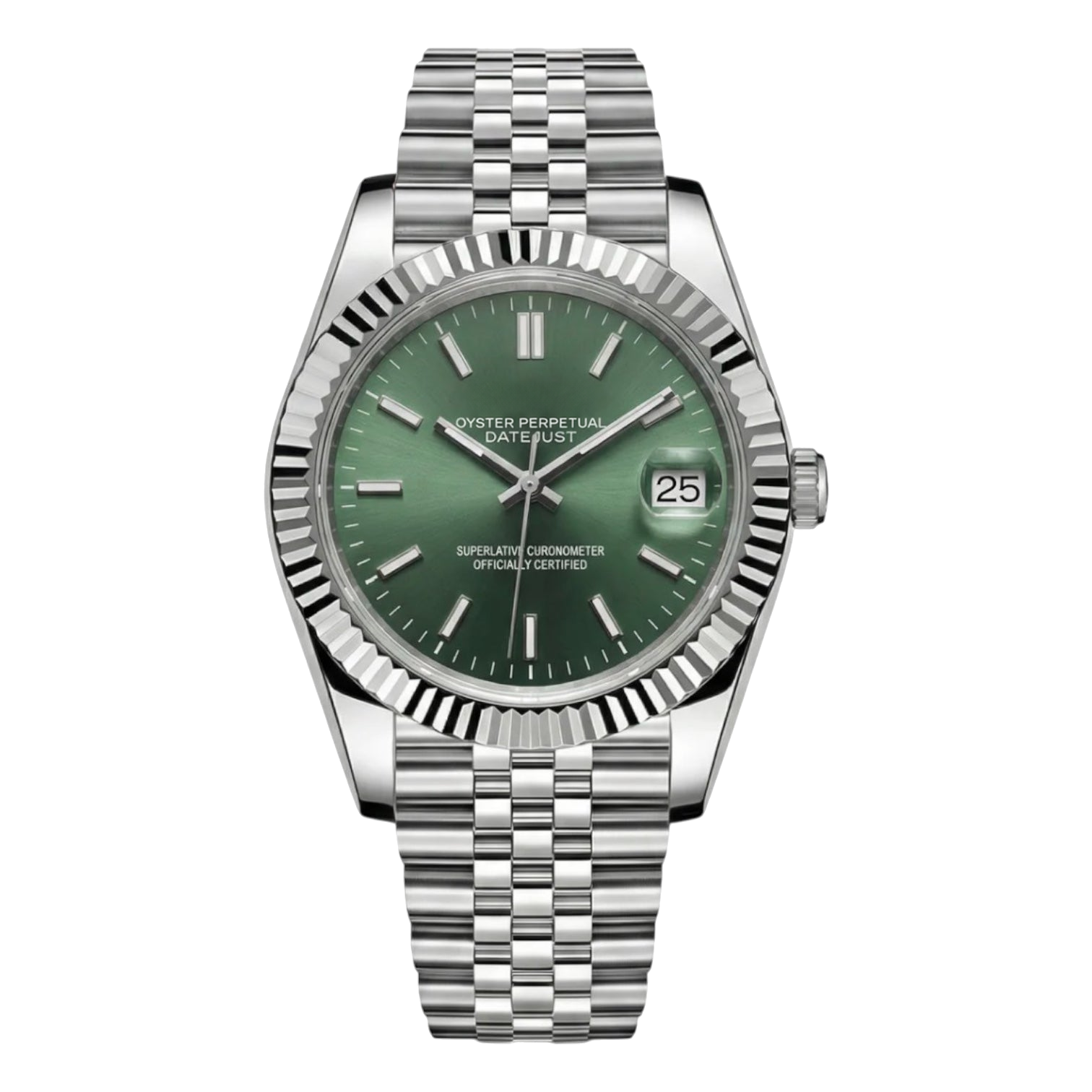 Montre Seiko mod SEIKOJUST olive, sur fond blanc — Time2Seiko