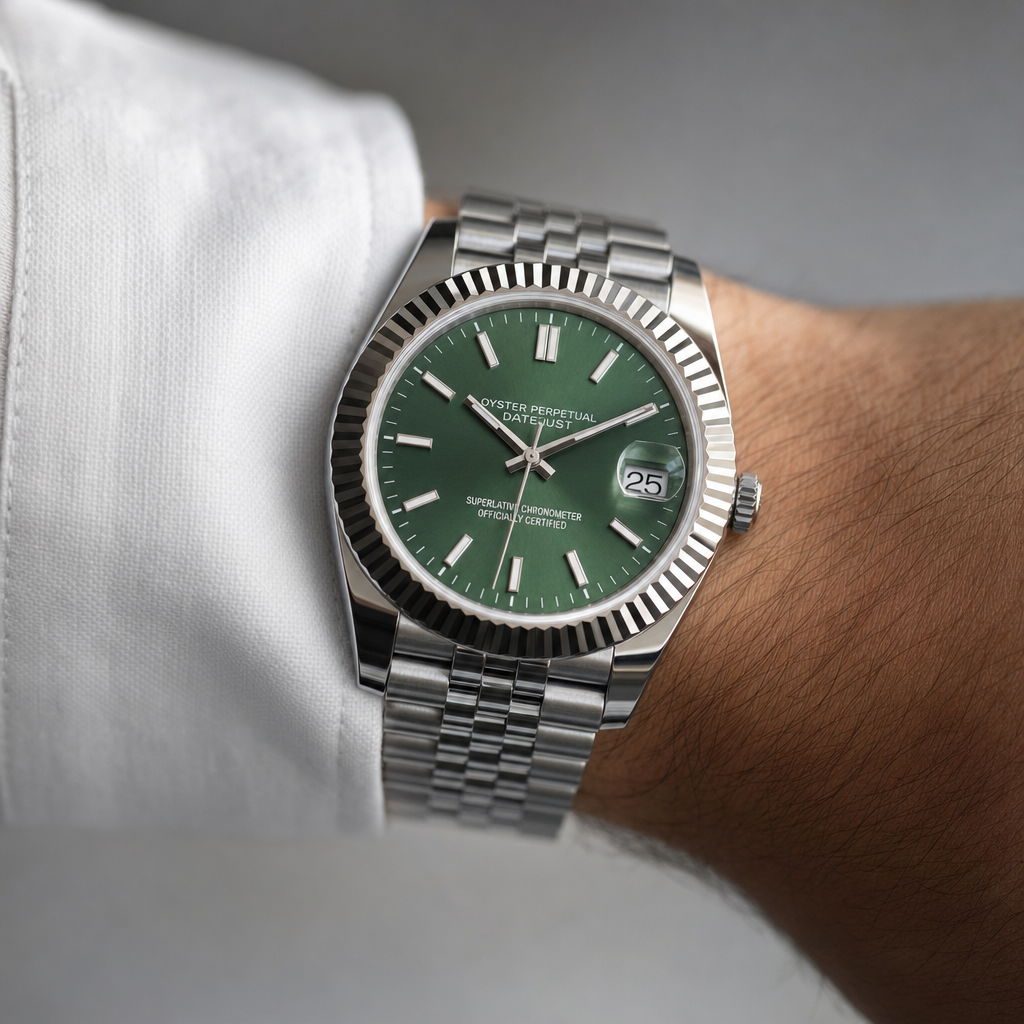 Montre Seiko mod SEIKOJUST olive portée au poignet — Time2Seiko