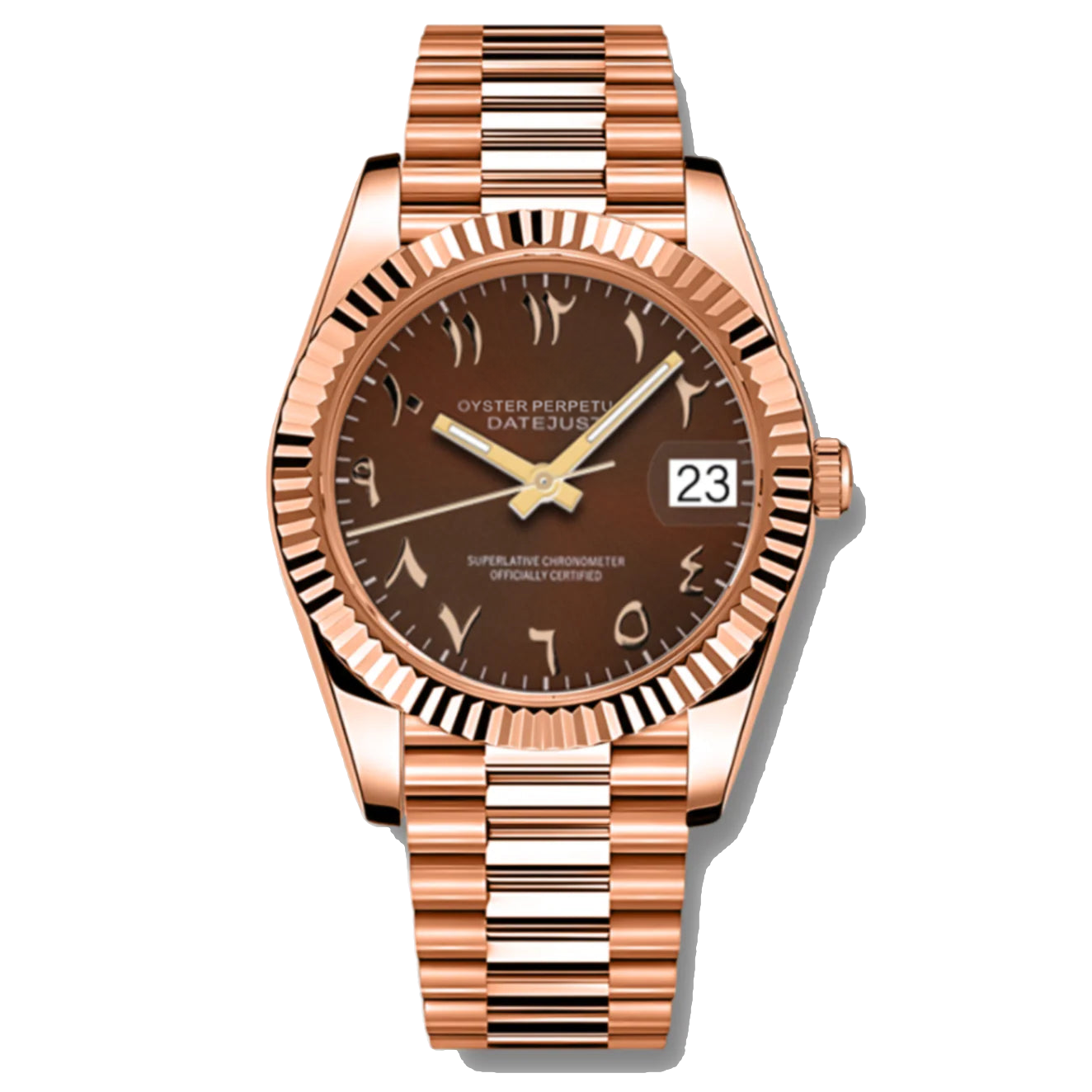 Montre Seiko mod SEIKOJUST or rose arabic, sur fond blanc — Time2Seiko