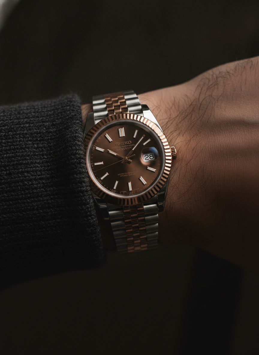 Montre Seiko Mod SEIKOJUST or rose two-tone portée au poignet