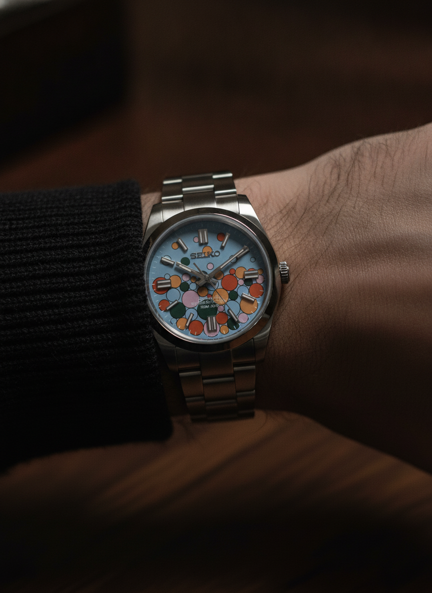 Montre Seiko Mod SEIKOJUST oyster bubblegum portée au poignet