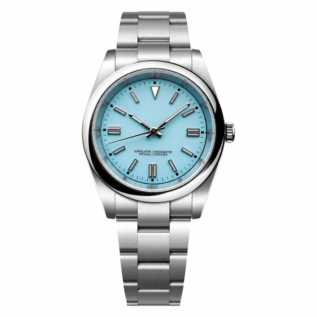 Montre Seiko mod SEIKOJUST oyster tiffany, sur fond blanc — Time2Seiko