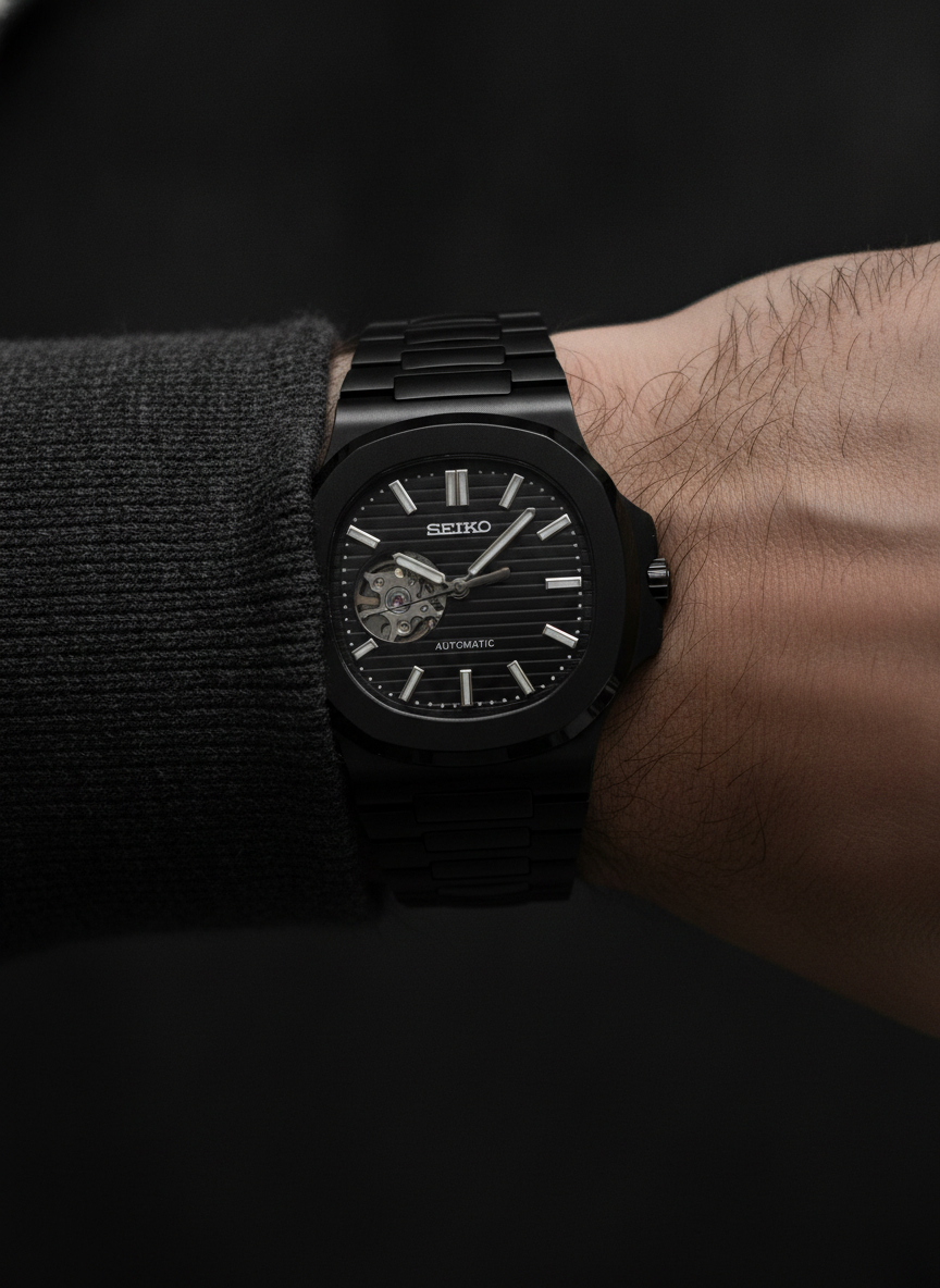 Montre Seiko Mod SEIKOLUS black edition portée au poignet