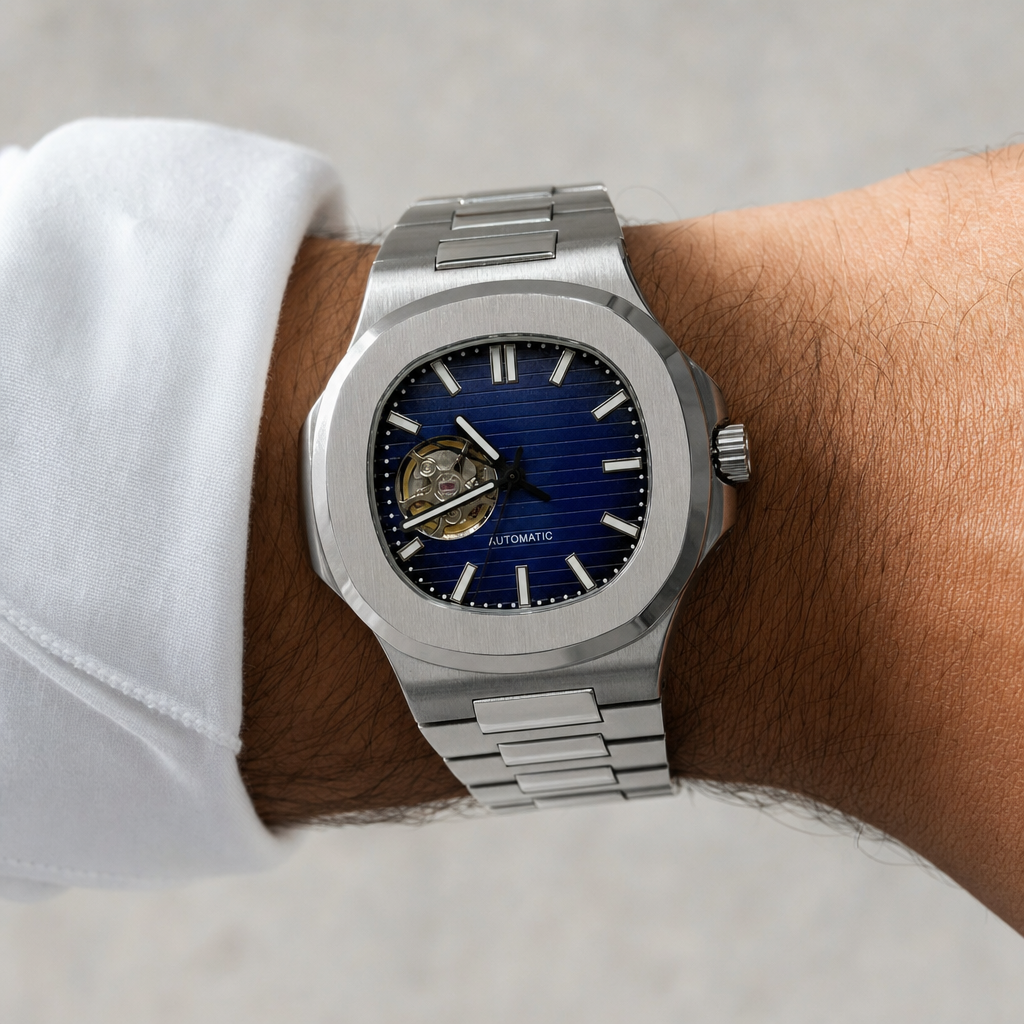 Montre Seiko mod SEIKOLUS cœur ouvert bleue portée au poignet — Time2Seiko