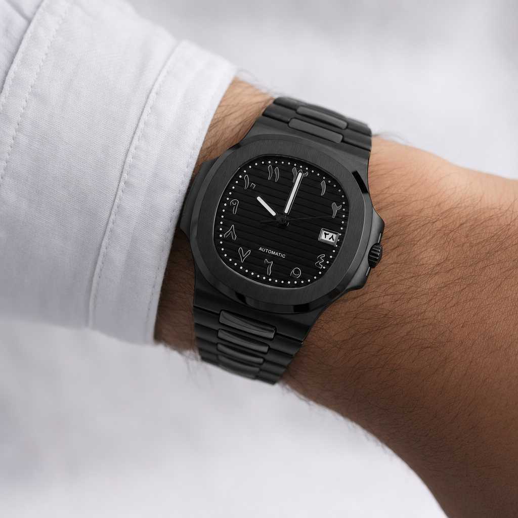 Montre Seiko mod SEIKOLUS full black arabic portée au poignet — Time2Seiko