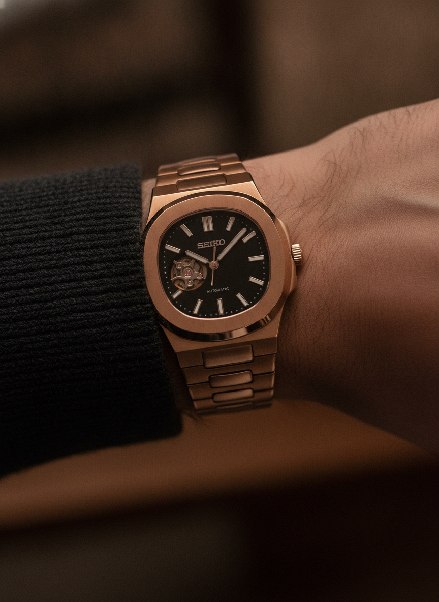 Montre Seiko Mod SEIKOLUS rose cœur ouvert portée au poignet