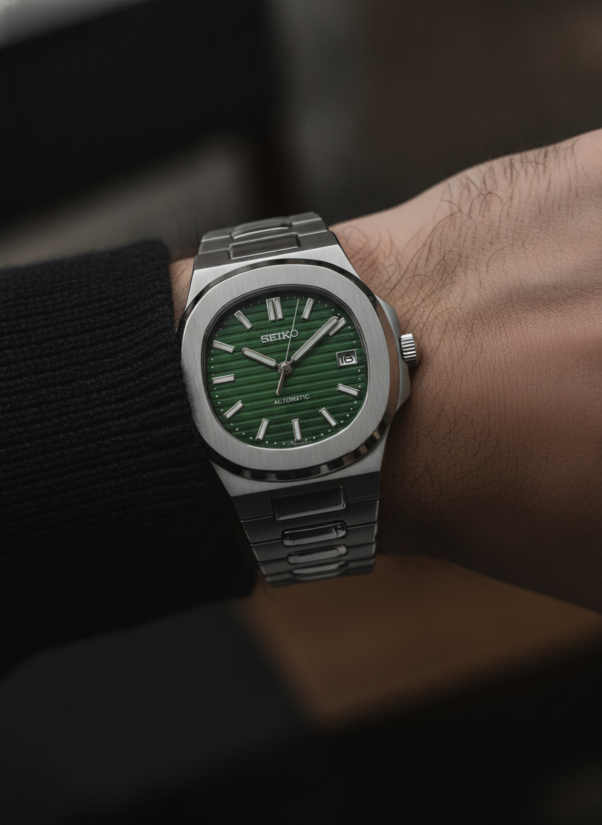Montre Seiko Mod SEIKOLUS verte portée au poignet