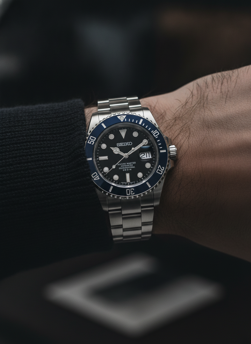 Montre Seiko Mod SEIKOMARINER bleue portée au poignet