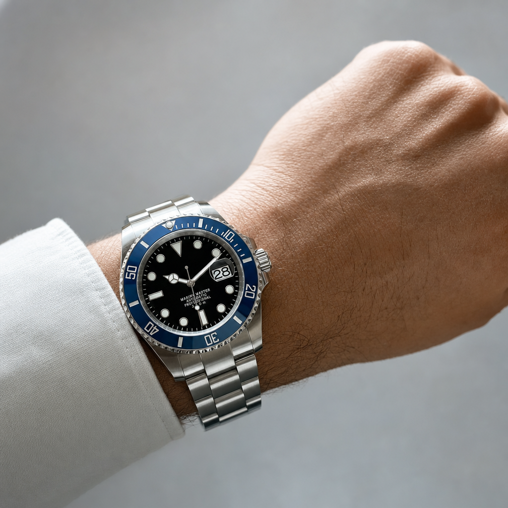 Montre Seiko mod SEIKOMARINER bleue portée au poignet — Time2Seiko