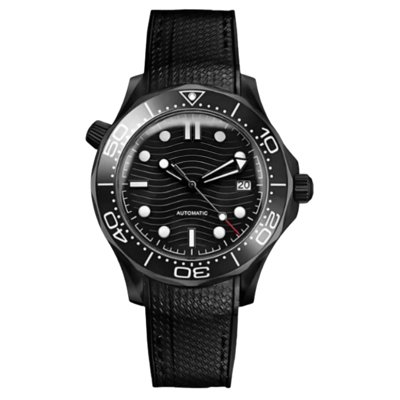 Montre Seiko mod SEIKOMARINER master black edition, sur fond blanc — Time2Seiko
