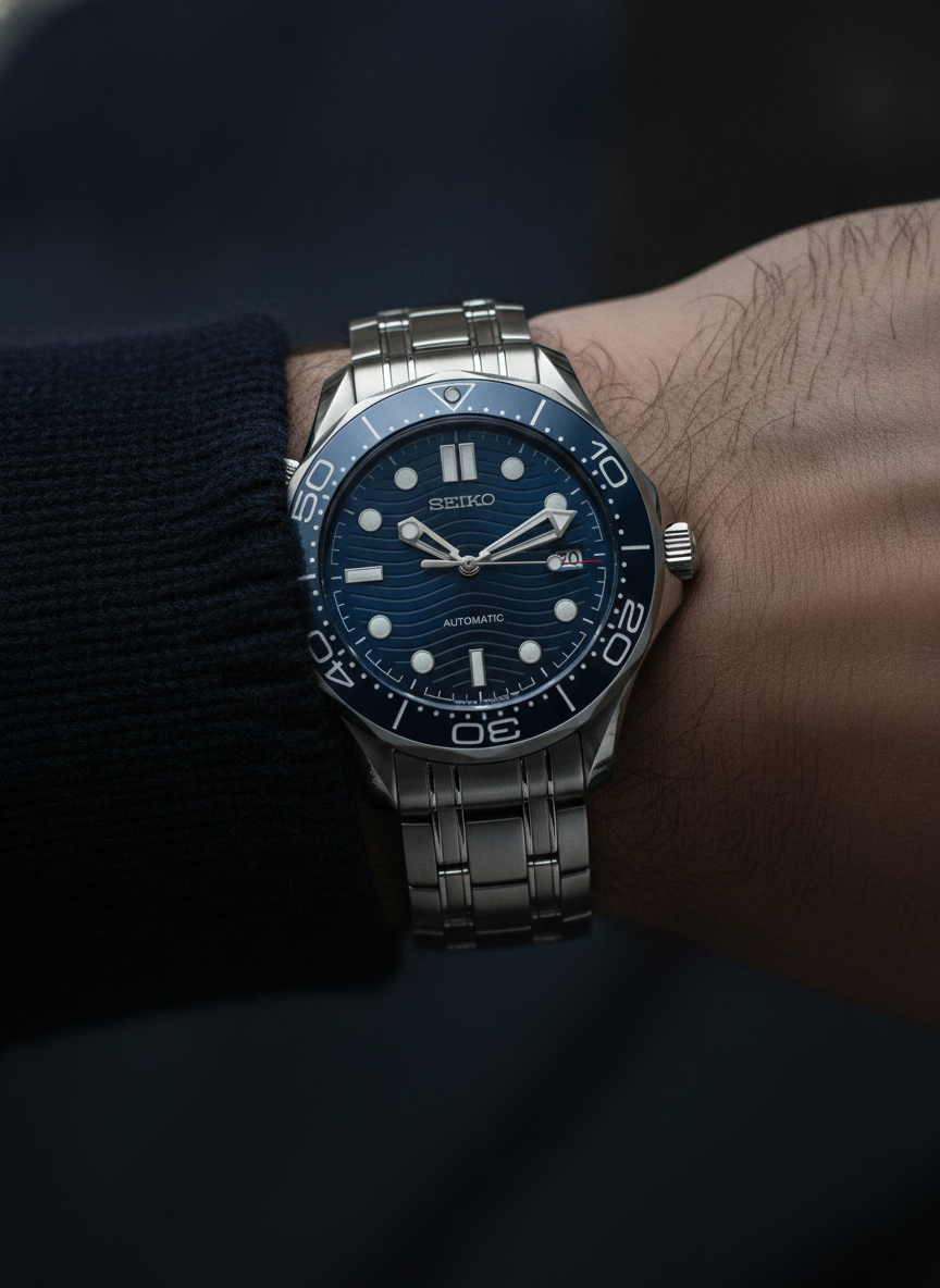 Montre Seiko Mod SEIKOMARINER master bleue portée au poignet
