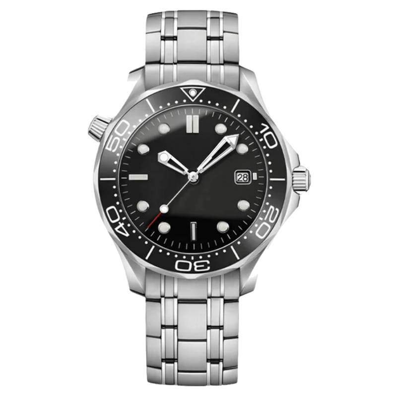 Montre Seiko mod SEIKOMARINER master noire, sur fond blanc — Time2Seiko