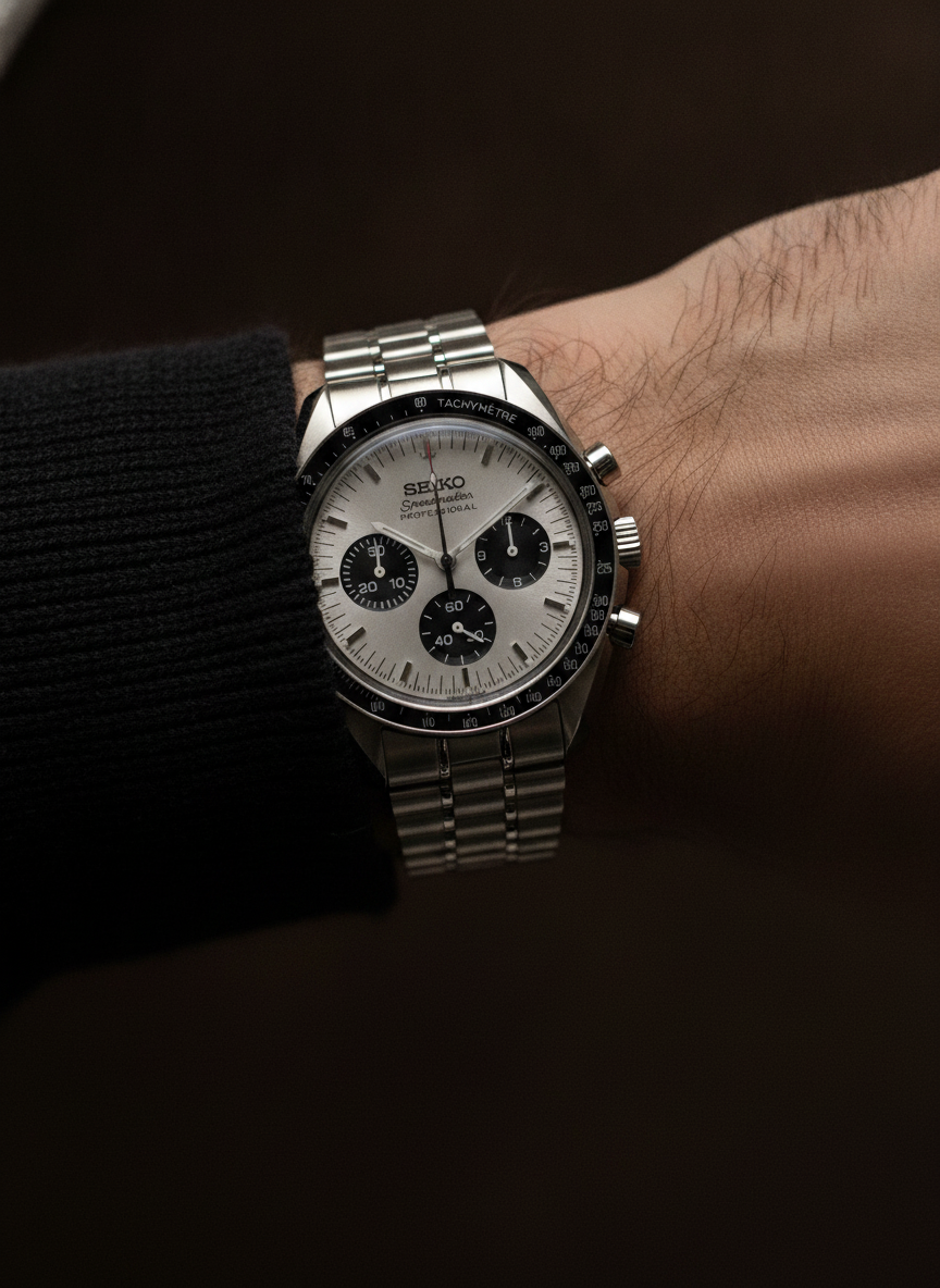 Montre Seiko Mod SEIKOMASTER moonwatch blanche portée au poignet
