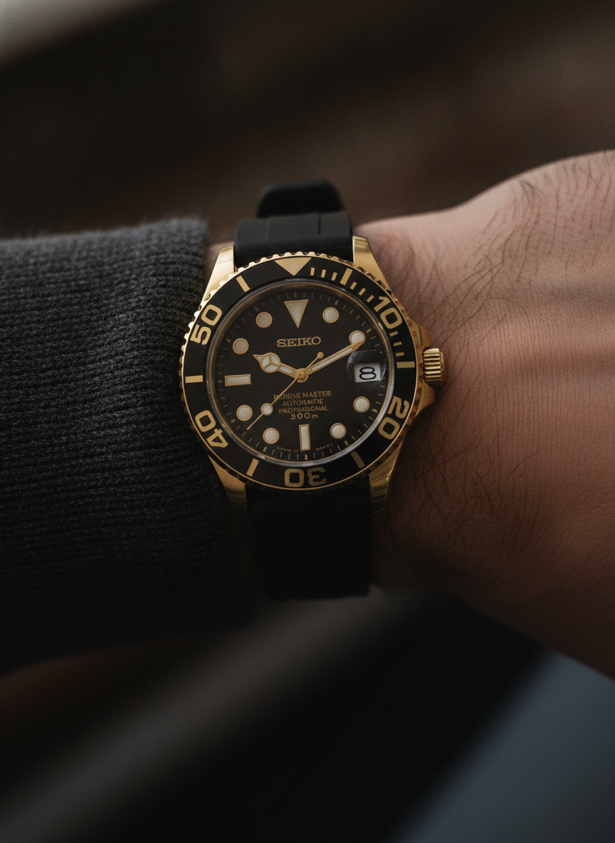 Montre Seiko Mod SEIKOMARINER or noire caoutchouc portée au poignet