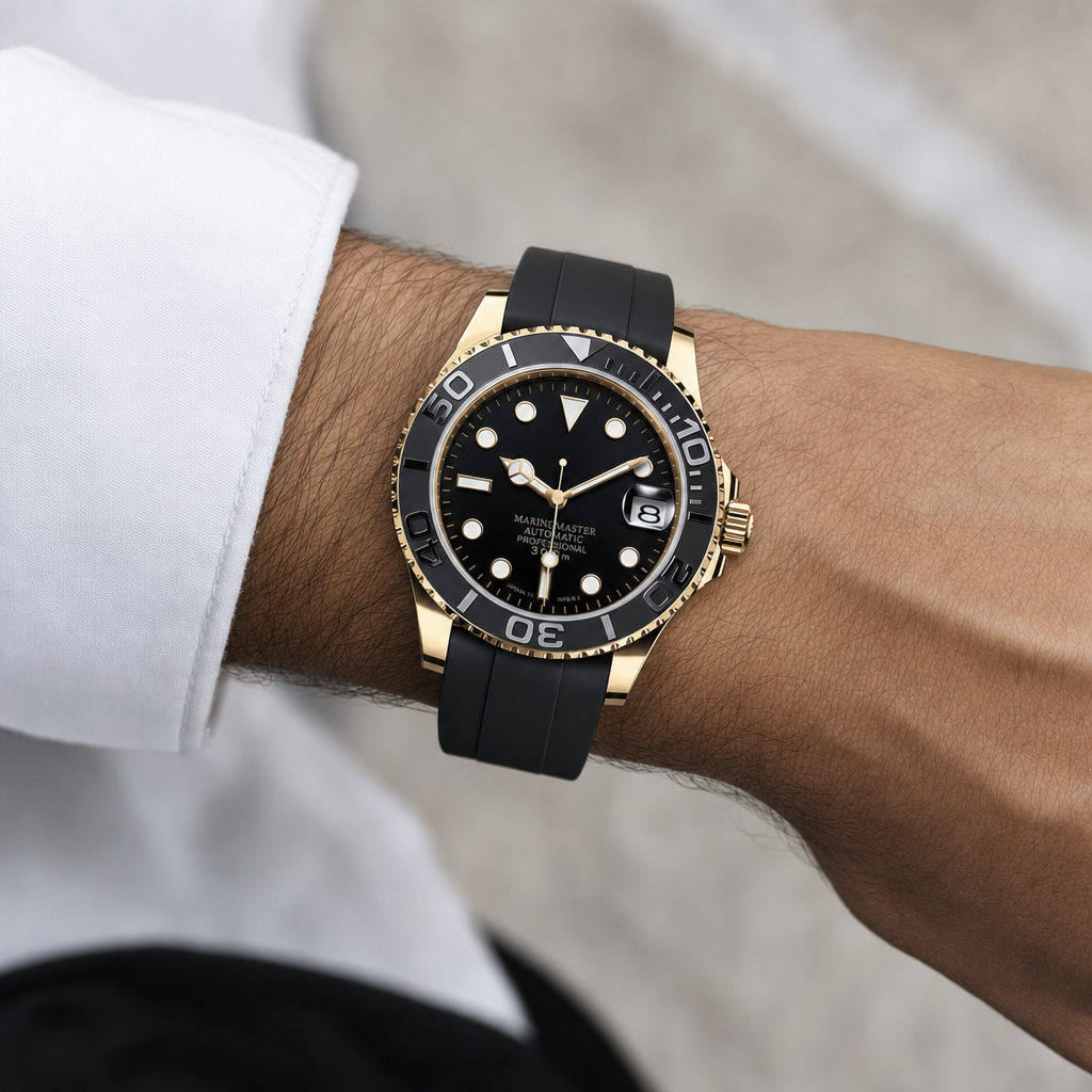 Montre Seiko mod SEIKOMARINER or noire caoutchouc portée au poignet — Time2Seiko