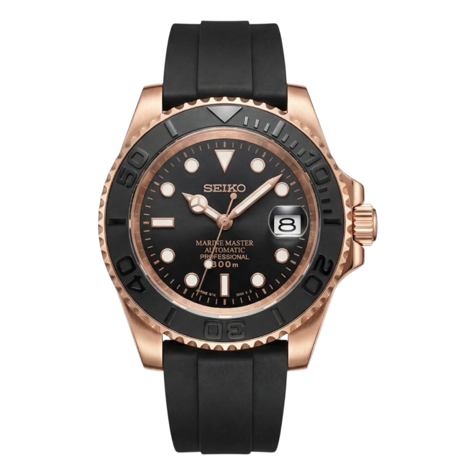 Montre Seiko Mod SEIKOMARINER or rose noire caoutchouc - Time2Seiko