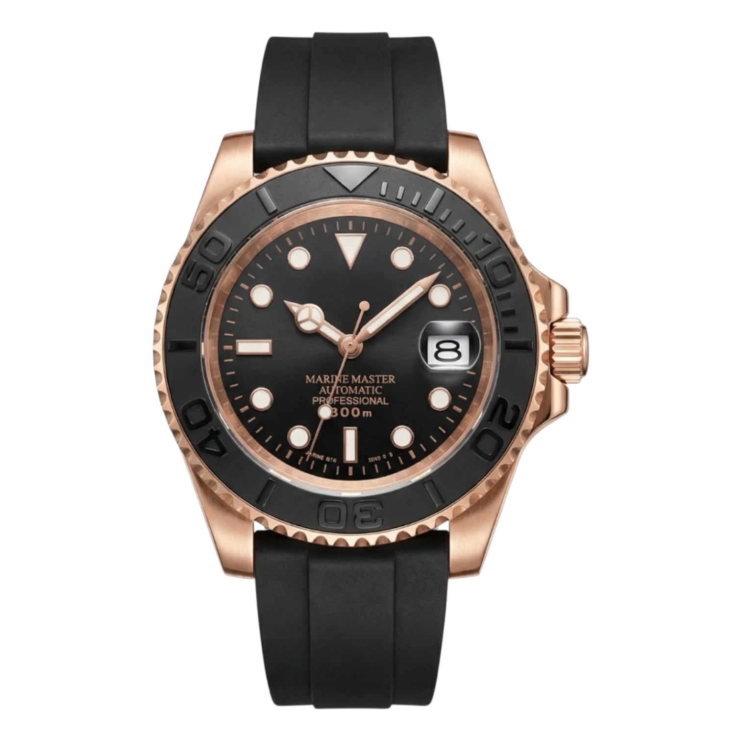 Montre Seiko mod SEIKOMARINER or rose noire caoutchouc, sur fond blanc — Time2Seiko