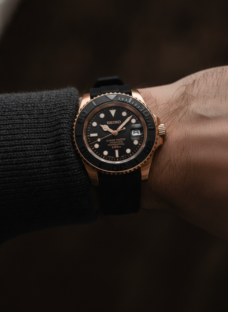 Montre Seiko Mod SEIKOMARINER or rose noire caoutchouc portée au poignet