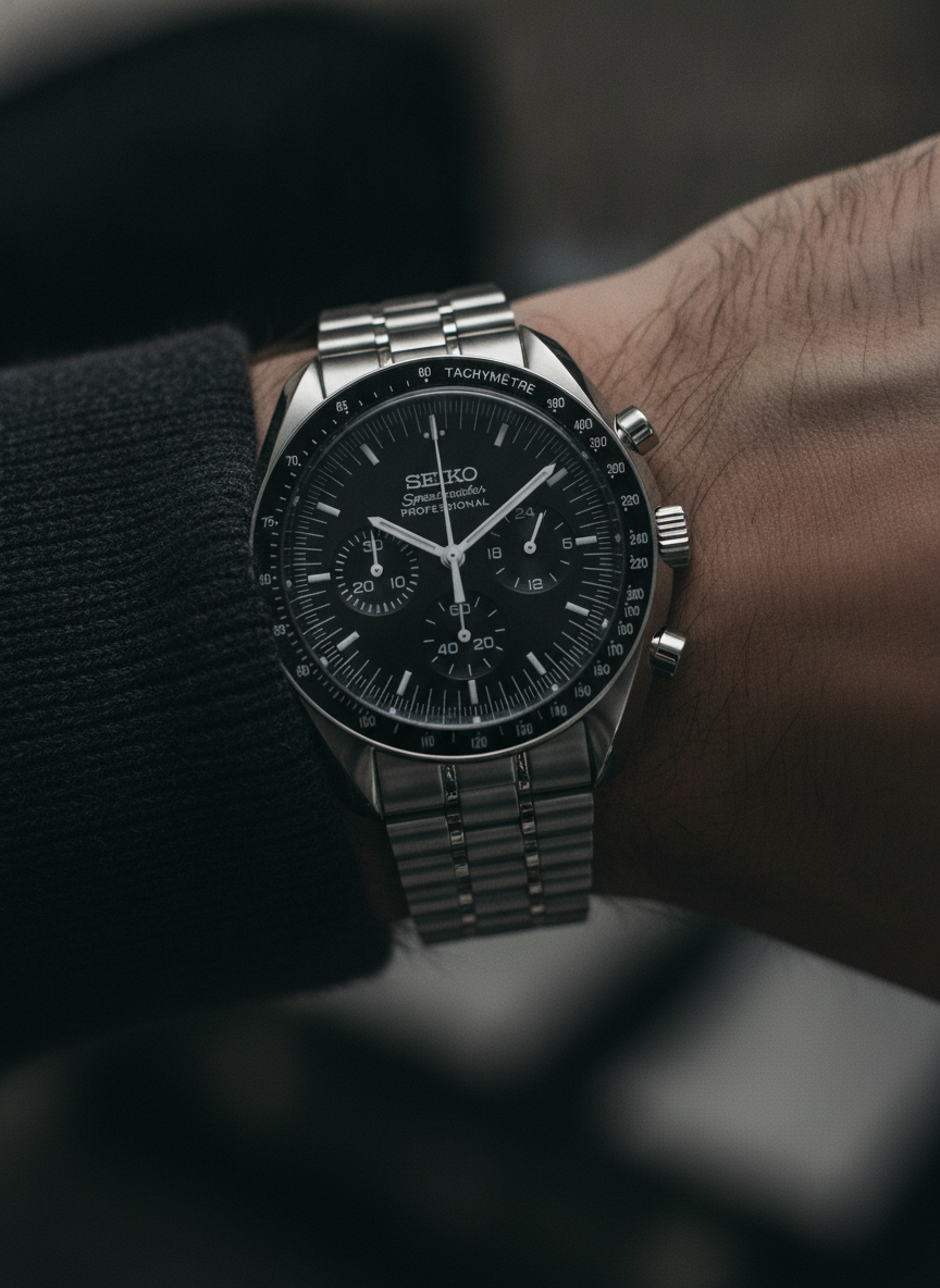 Montre Seiko Mod SEIKOMASTER speed noire portée au poignet