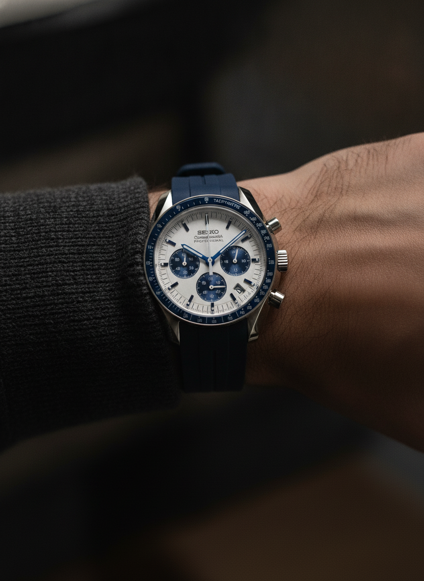 Montre Seiko Mod SEIKOMASTER speed snoopy bleue portée au poignet