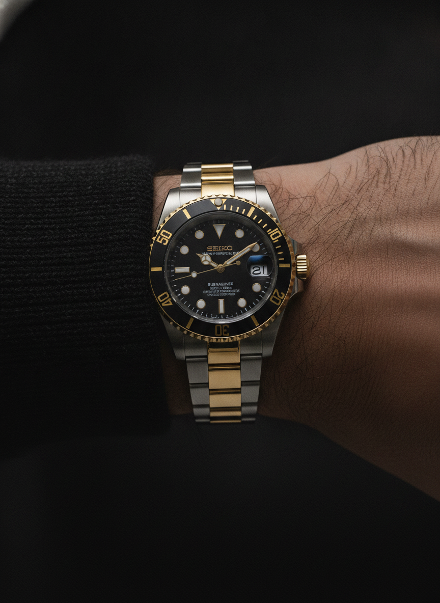 Montre Seiko Mod SEIKOMARINER two tone nuit portée au poignet