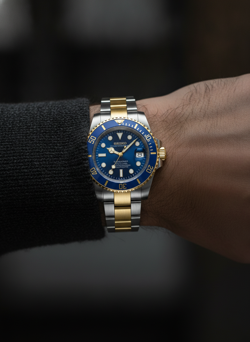 Montre Seiko Mod SEIKOMARINER two tone océan portée au poignet