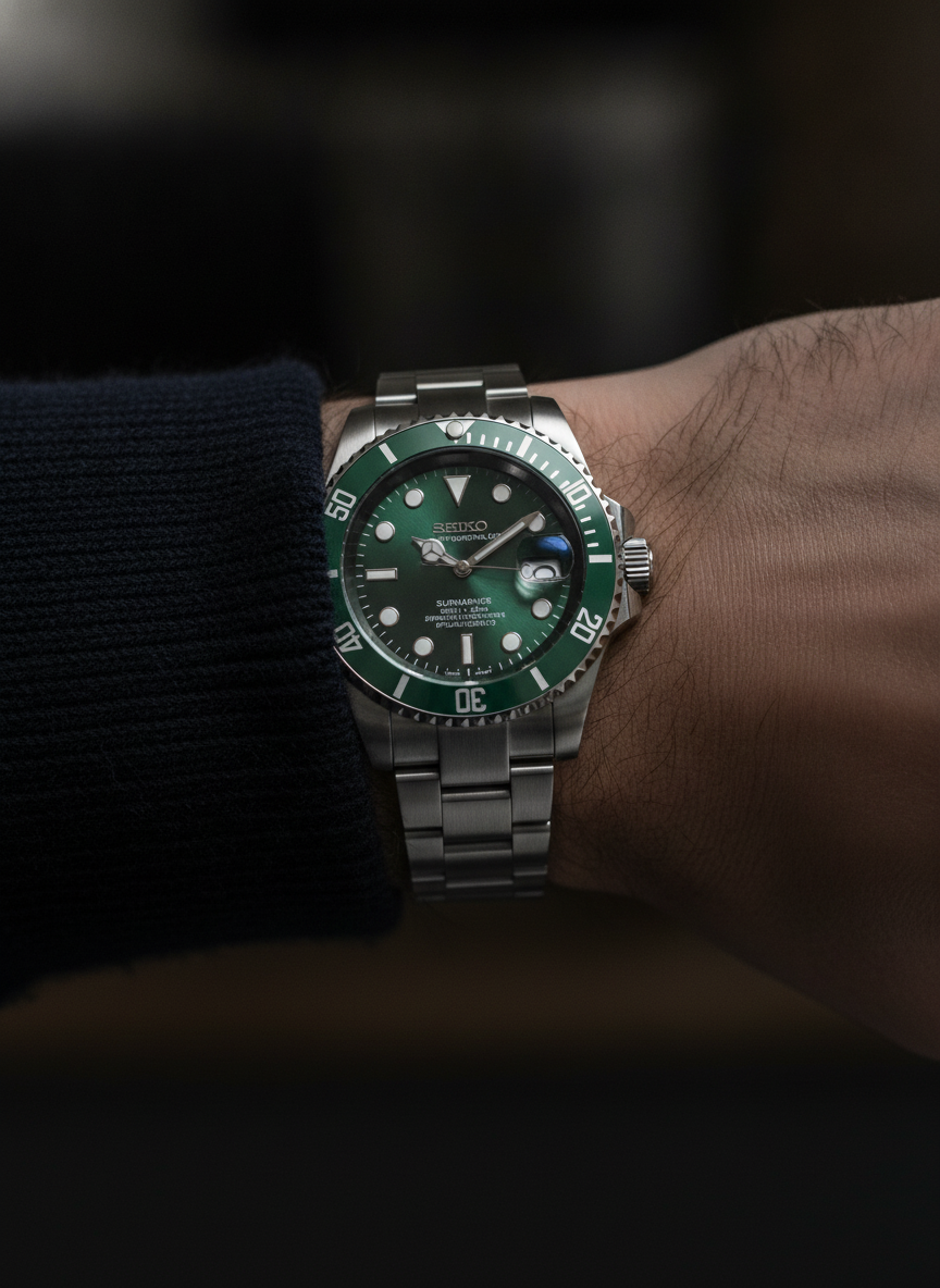Montre Seiko Mod SEIKOMARINER verte portée au poignet