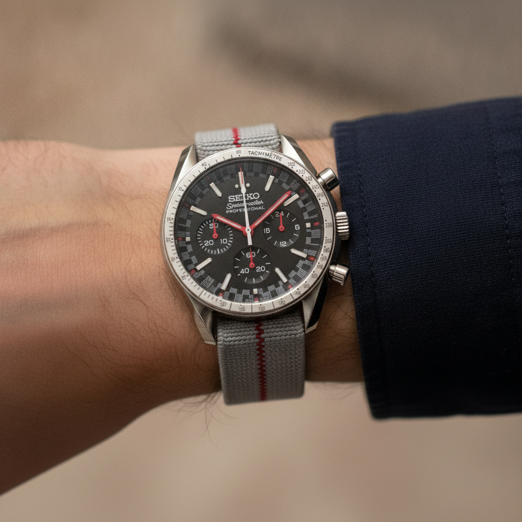 SEIKOMASTER fuji redline — watch worn on the wrist, grey NATO strap — Time2Seiko