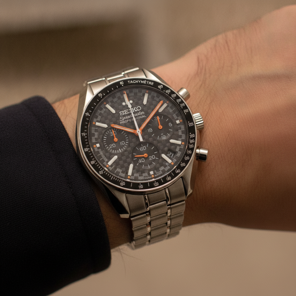 SEIKOMASTER midnight circuit — watch worn on the wrist, steel bracelet — Time2Seiko