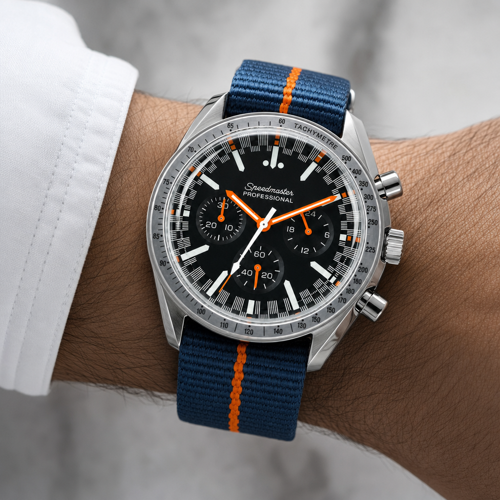 Montre Seiko mod SEIKOSPEED motorsport orange portée au poignet — Time2Seiko