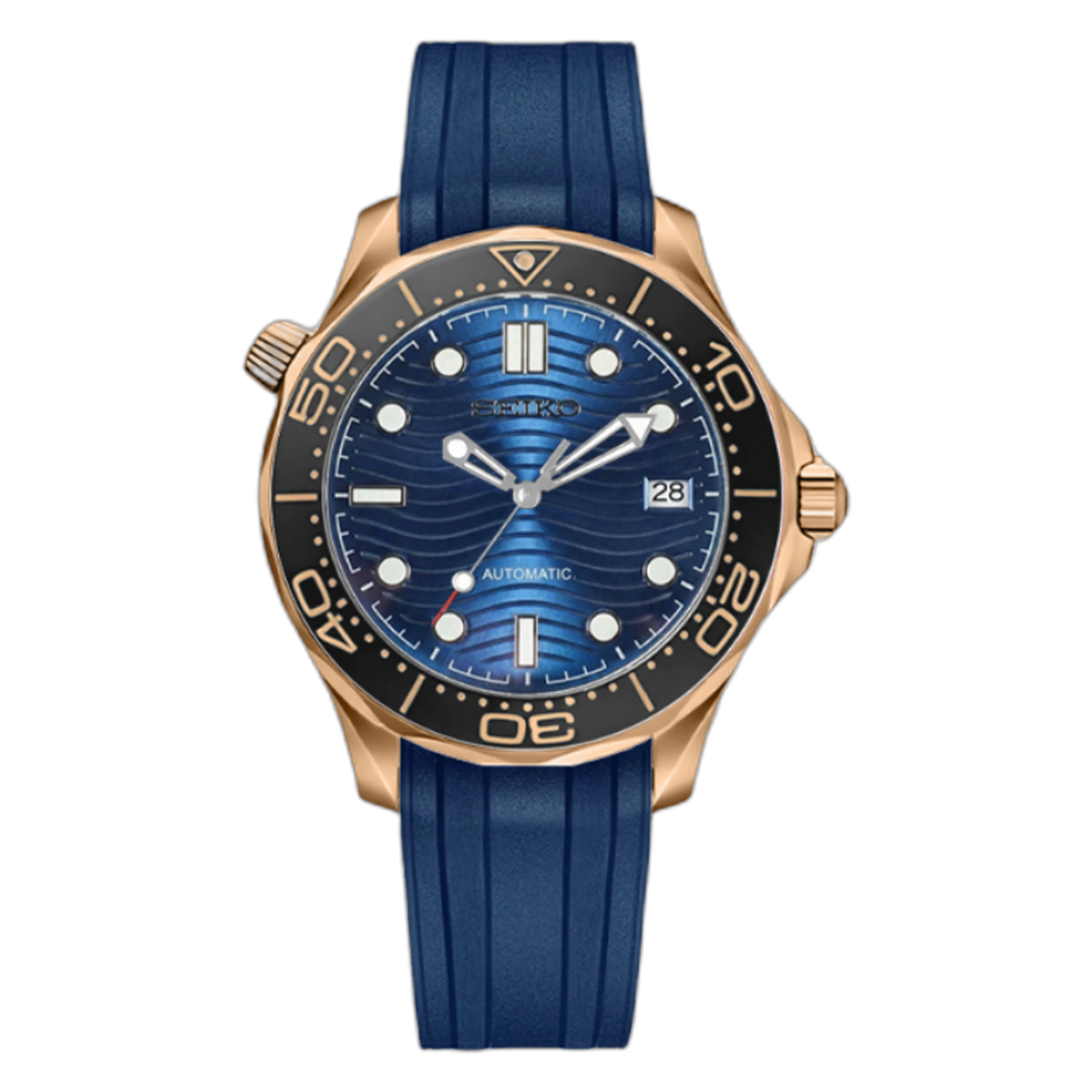 SEIKOMASTER rosegold blue rubber — cut-out packshot — Time2Seiko