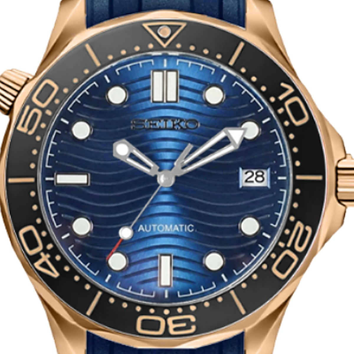 SEIKOMASTER rosegold blue rubber — macro cadran — Time2Seiko
