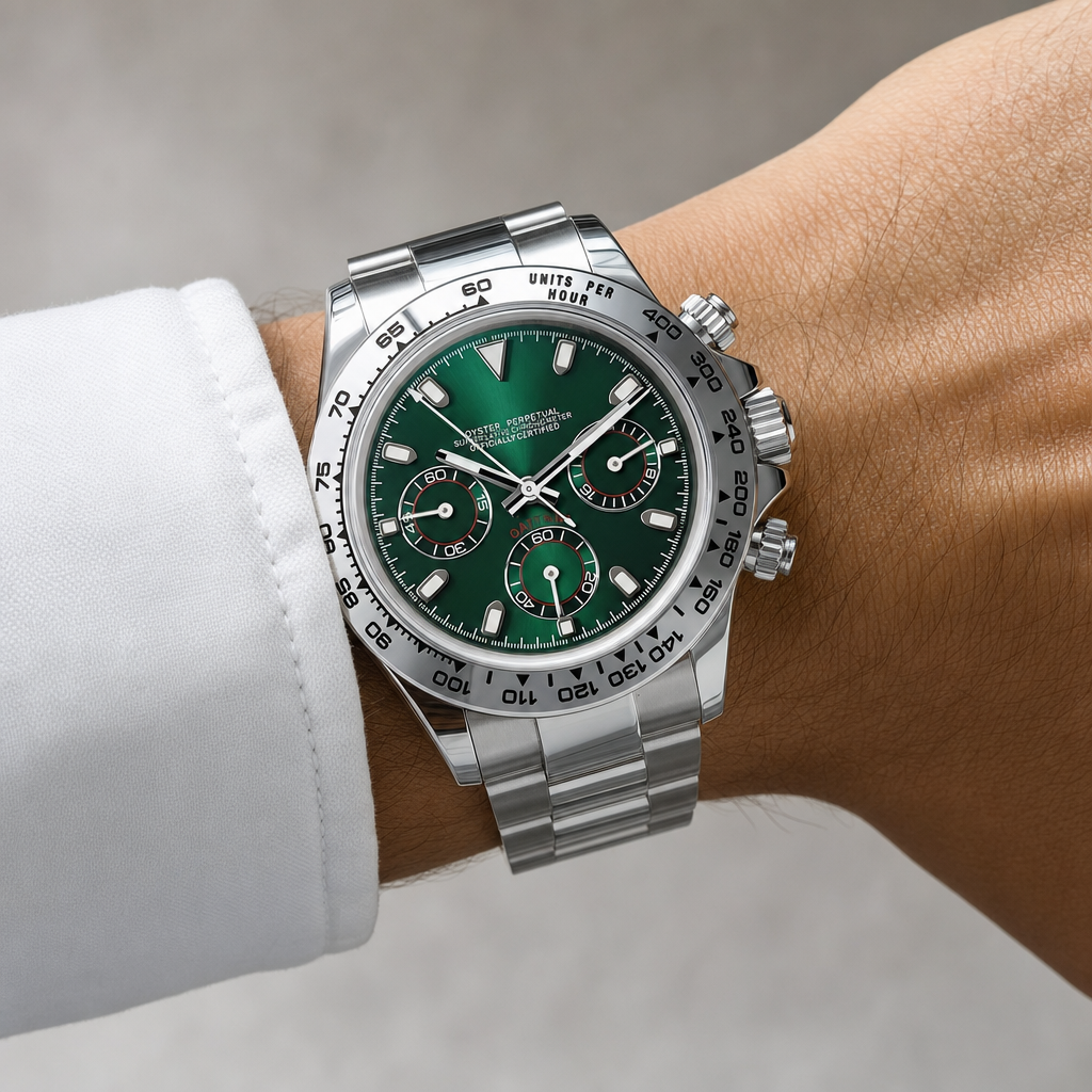 Montre Seiko mod SEIKONA argent verte portée au poignet — Time2Seiko