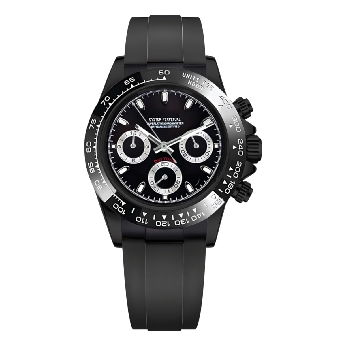 Montre Seiko mod SEIKONA black edition caoutchouc, sur fond blanc — Time2Seiko
