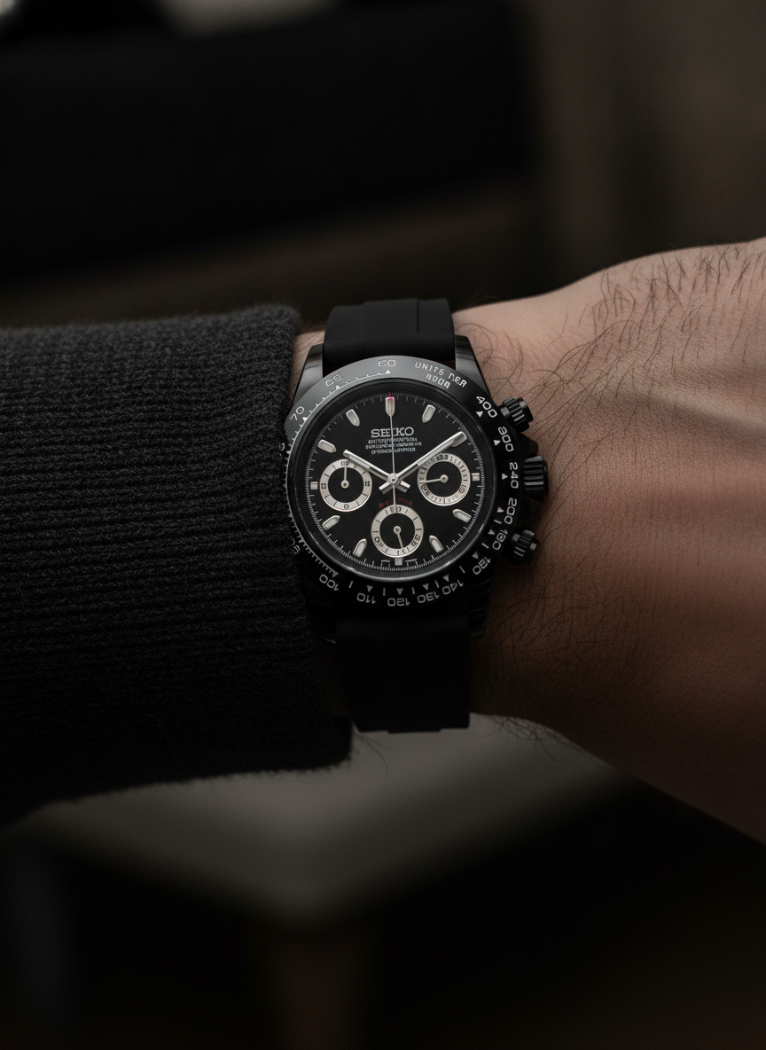 Montre Seiko Mod SEIKONA black edition caoutchouc portée au poignet