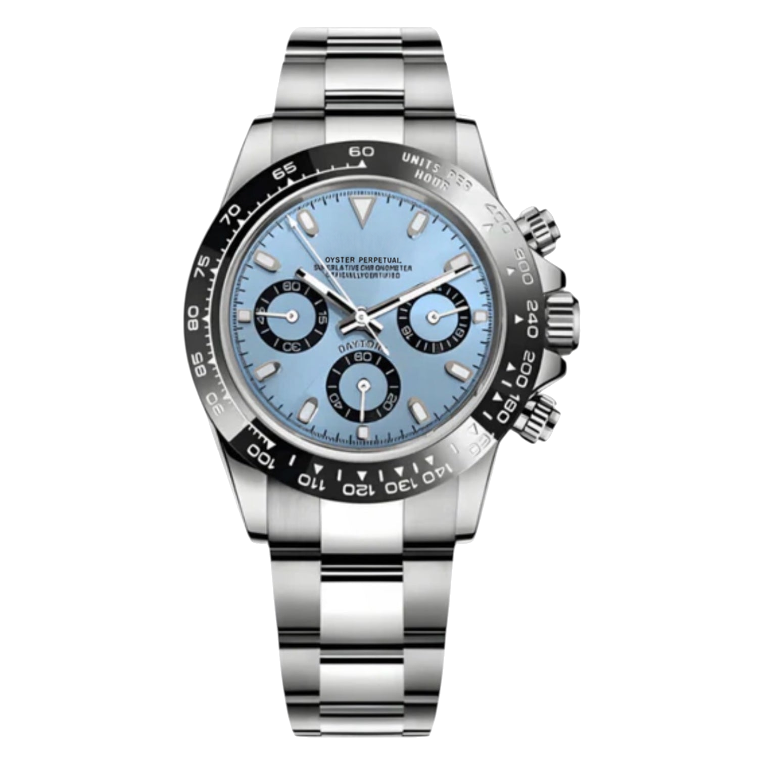 Montre Seiko mod SEIKONA bleu glacier, sur fond blanc — Time2Seiko