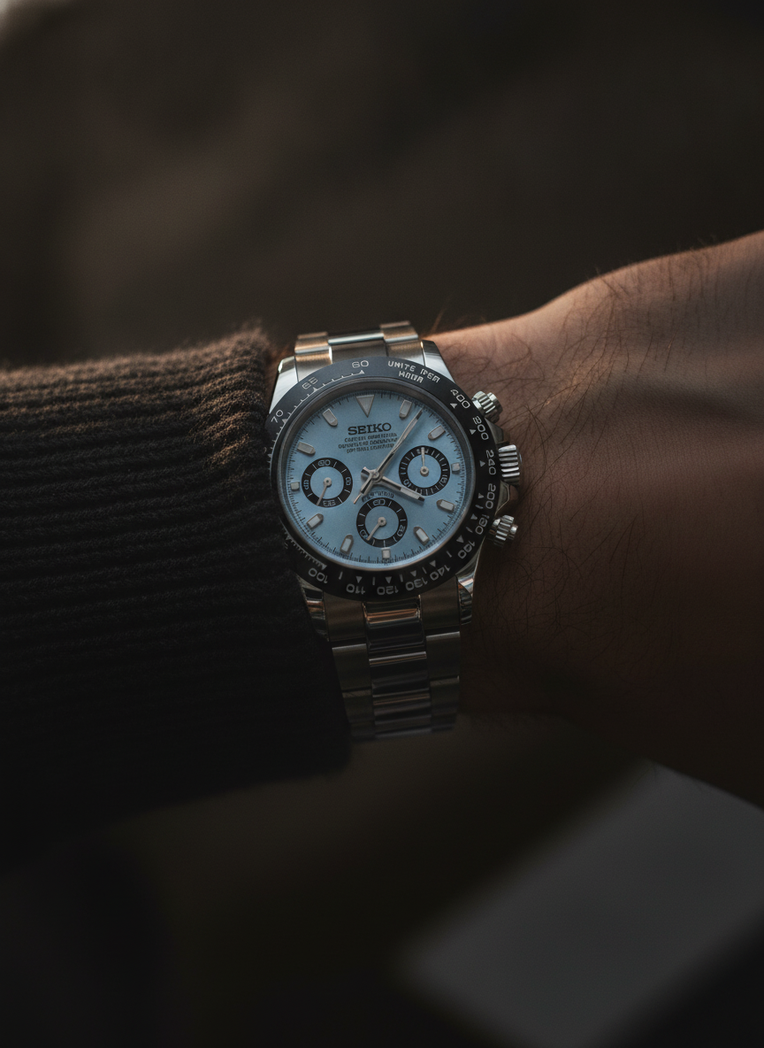 Montre Seiko Mod SEIKONA bleu glacier portée au poignet