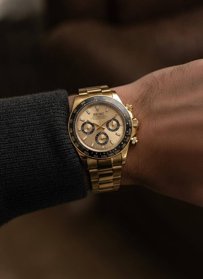 Montre Seiko Mod SEIKONA or noire portée au poignet