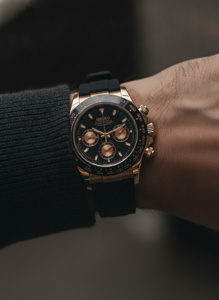 Montre Seiko Mod SEIKONA or rose caoutchouc portée au poignet